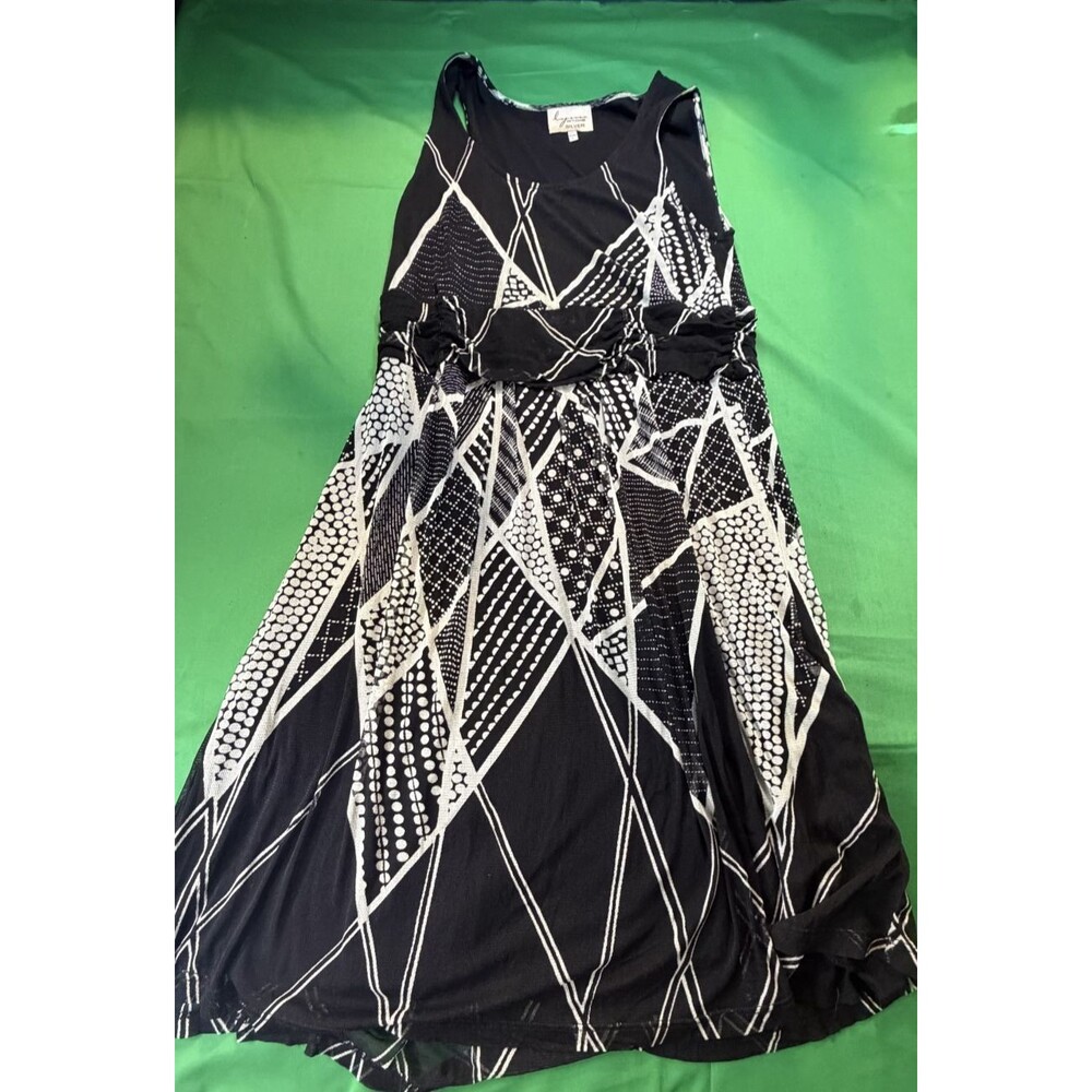 🖤🤍 Lynn Ritchie Casual Midi Dress👗Size LG • Black & White Crinkle Boho V-Neck